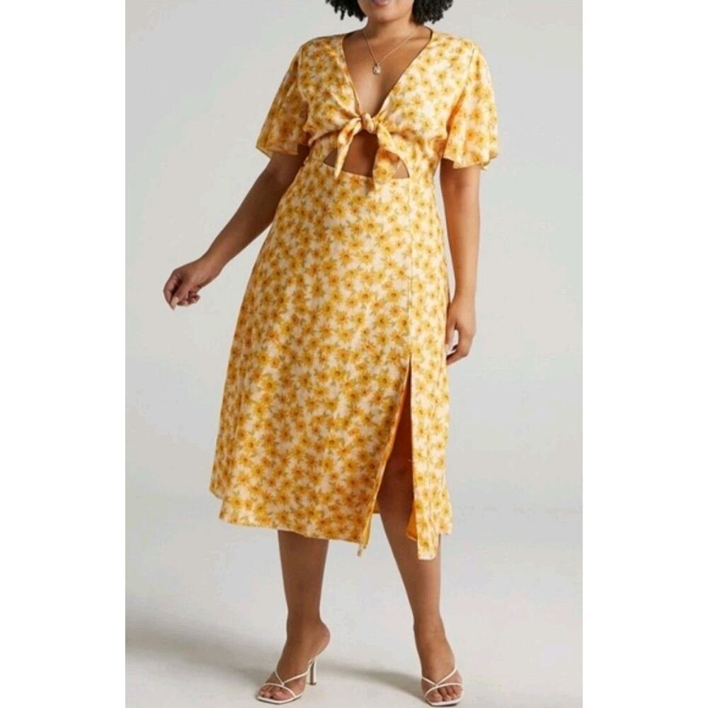 Showpo Wild and Free Mind Midi Dress In Sunflower Print Front Tie Womens Size 16